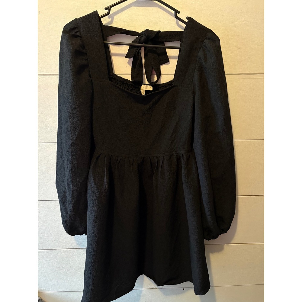 Promesa Black Long Sleeve Tie Back Smocked Mini Dress Square Neck Babydoll Small